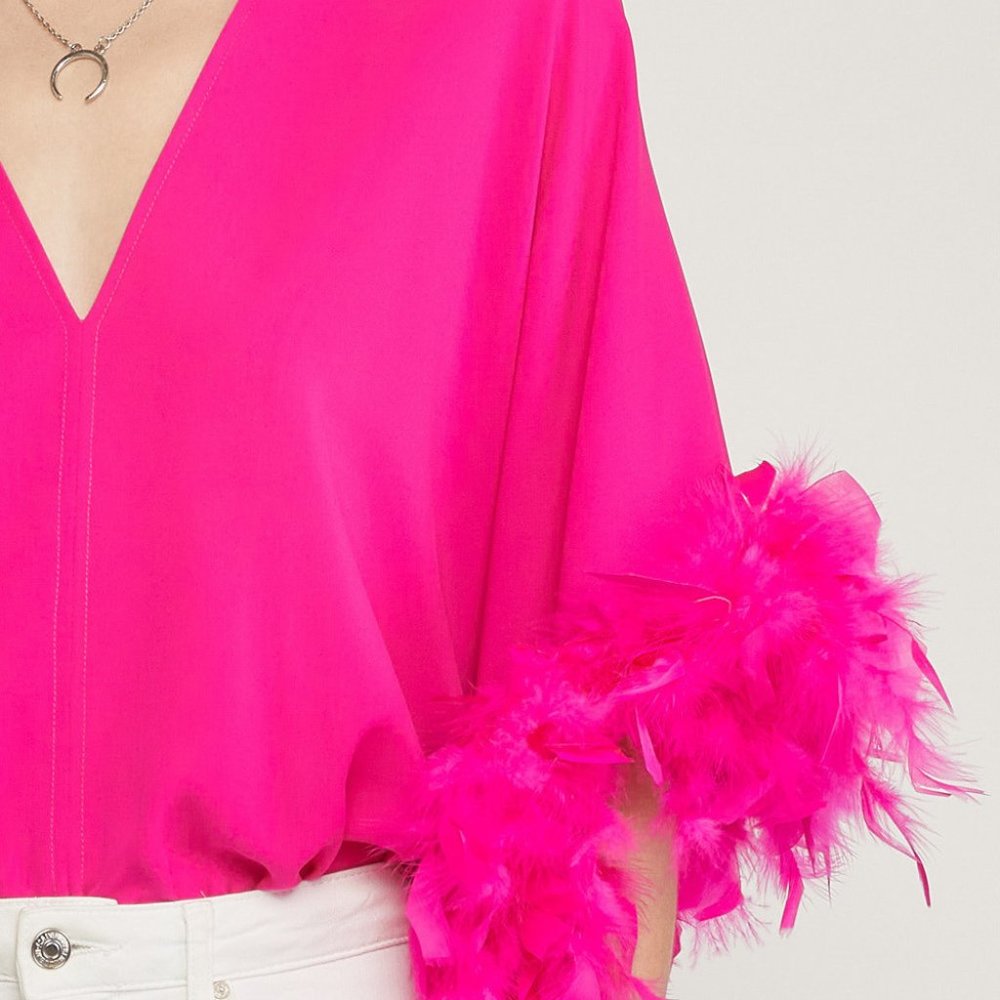 Hot Pink Feather Sleeve Bodysuit - Picture 7 of 7